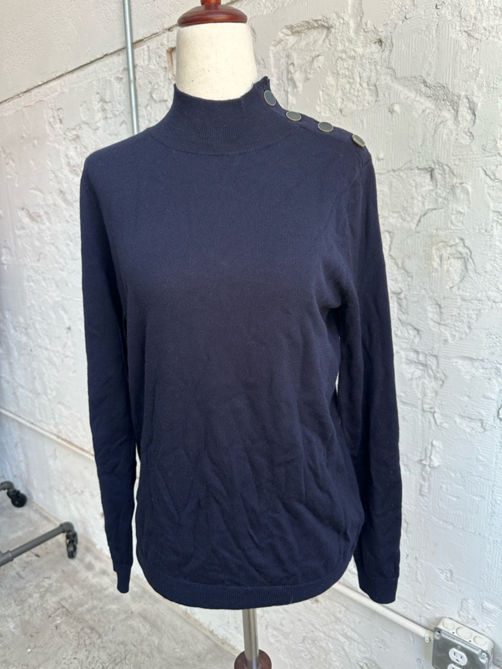 Sezane Navy Mock Neck Button-Shoulder Sweater